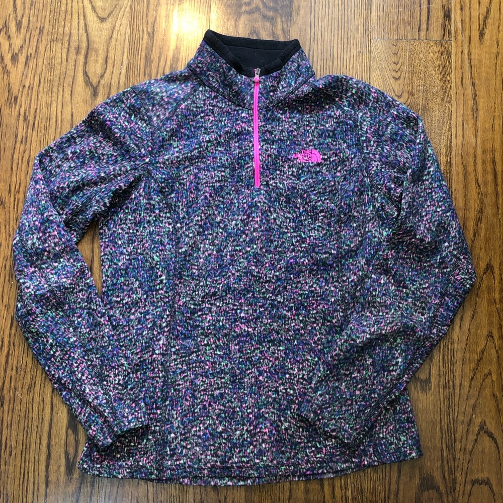 THE NORTH FACE Quarter Zip Mock Neck Purple Pink Splattered Fleece Pullover Sz M